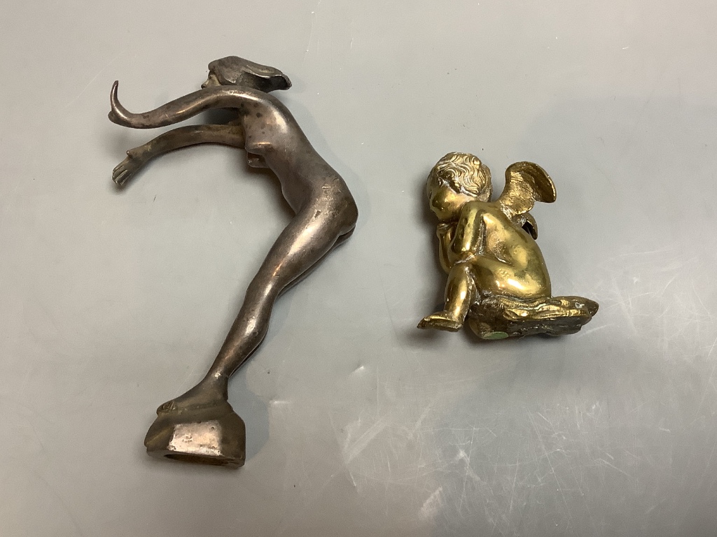 A car mascot of a lady, height 17cm, and a bronze cherub